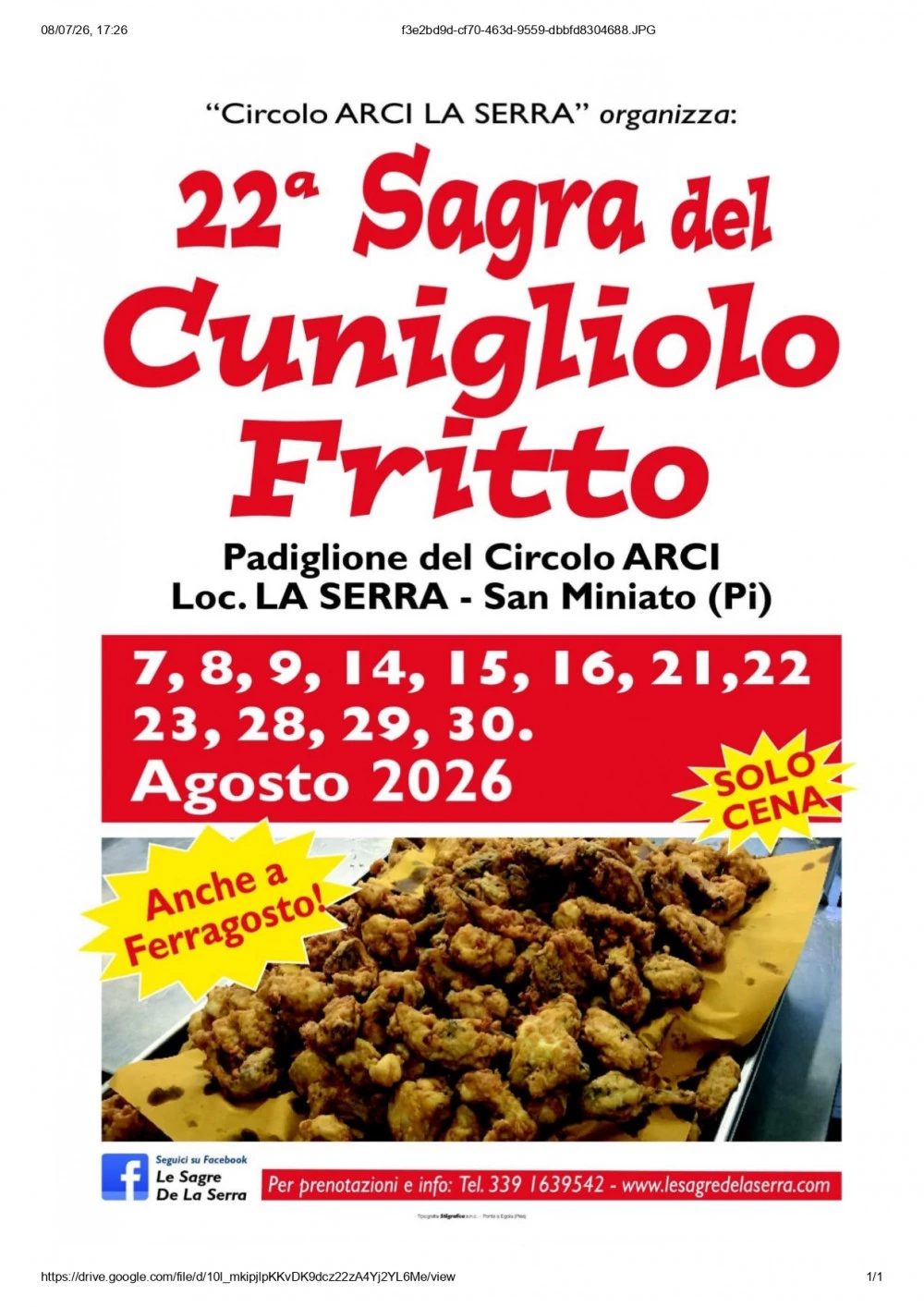 Locandina dedicata alla 22° Sagra del Cunigliolo Fritto a La Serra, San Miniato